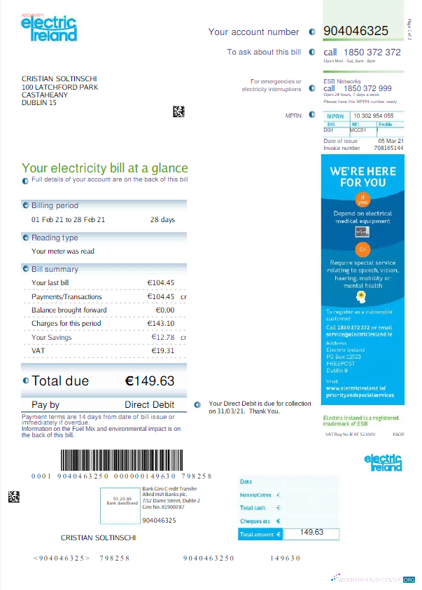 download download IRELAND ELECTRIC IRELAND utility bill Word and PDF template PDF template PDF template